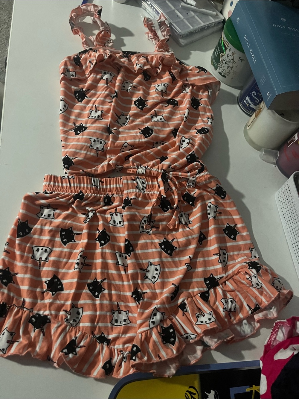 Girls' Peach Cat Stripe Matching Set - Cute Ruffle Tank & Shorts